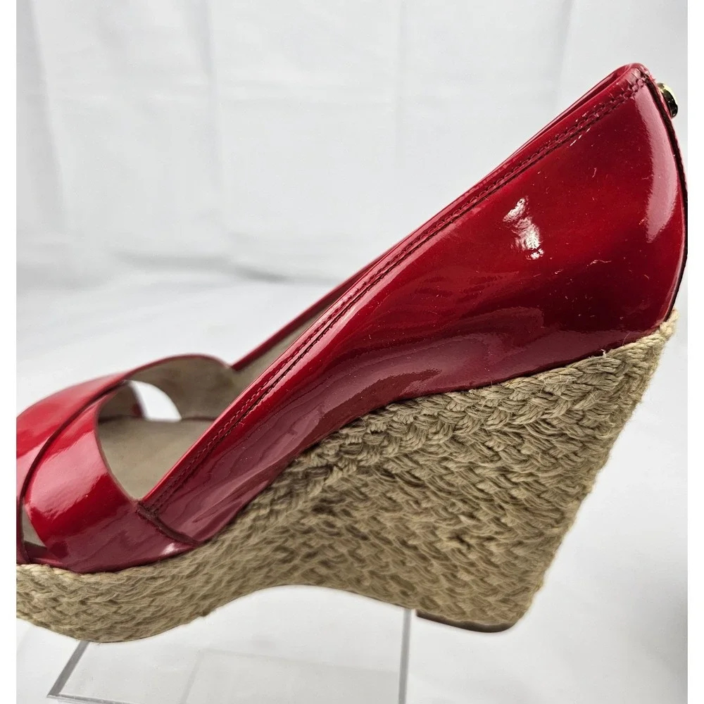 Michael Kors Red Patent Leather Espadrille Platform Wedge Heels Shoes Size 7.5